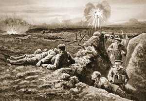 Lance-Corporal Tombs dragging back a severely wounded man by means of a rifle-sling placed around his own neck and the man